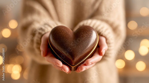Heart shaped chocolate held by warm hands