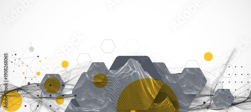 Abstract composition with wireframe hexagons, dots, and lines. Vector