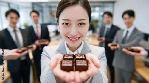 Office colleagues presenting chocolates in a corporate setting