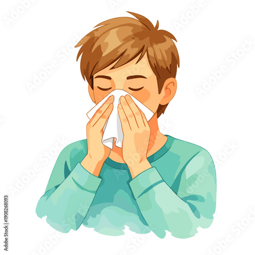 Young boy wiping nose with tissue while feeling unwell indoors  