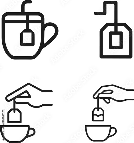 Four black line icons depicting different stages and methods of preparing tea with a teabag.
