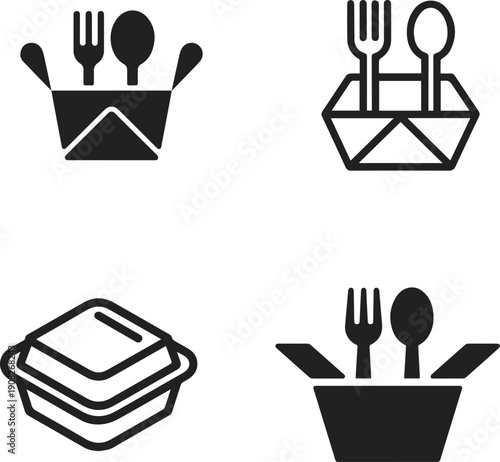 Collection of stylized icons representing takeout food containers and cutlery arrangements for meal services.