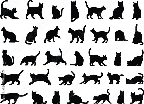 Collection of black cat silhouettes in various poses and activities feline animal
