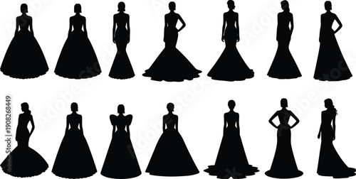 Collection of black silhouette female figures in elegant evening gowns woman dress