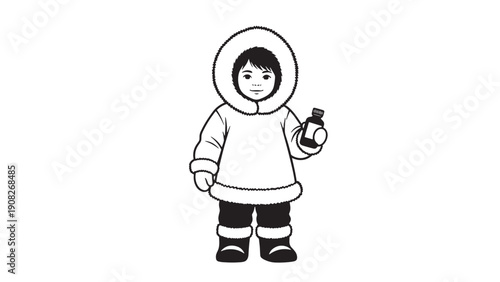 Child in Warm Parka Holding Medicine Vial, Pediatric Care and Arctic Community Health Vector Illustration
