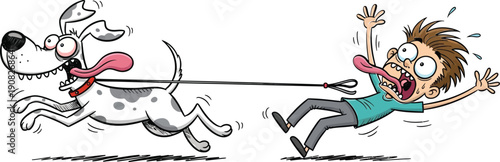 Man dragged by energetic dog on leash, chaotic scene vector illustration