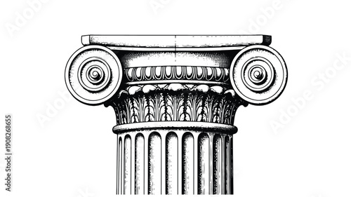 Column capital Ionic order with ornate volutes and carved acanthus detail, black and white vintage engraving style architectural element isolated on white