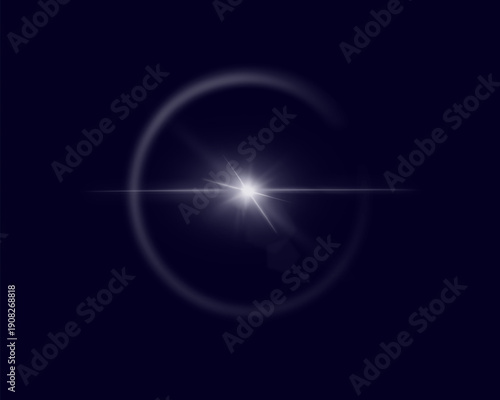 Isolated ring of light with a bright flash, atmospheric optical phenomenon halo from the sun or moon on a black-blue background. Vector illustration. 
