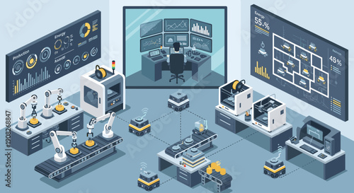 Modern Factory Production Line with Control Monitors.