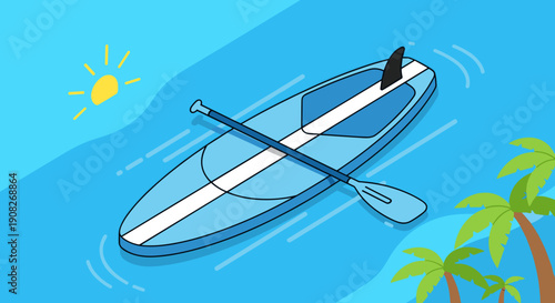 Paddleboard with Paddle on Water Surface.
