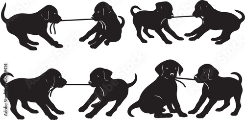 Dogs Playing Tug of War with Rope Toy Silhouette Vector Graphics