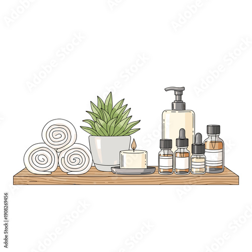 Spa shelf with rolled towels, plants, and skincare products  