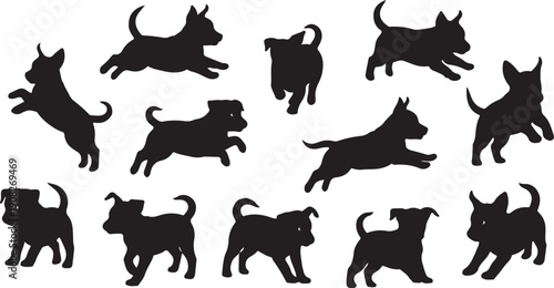 Collection of black dog silhouettes in various playful running poses