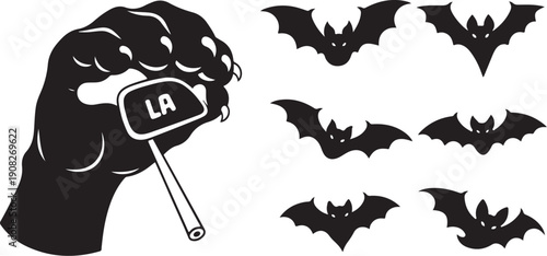 Fist holding megaphone with bats flying around Los Angeles