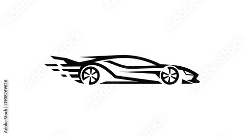 Car racing logo silhouette with sleek sports coupe profile, dynamic speed lines, black and white minimal vector emblem for auto club, motorsport branding and decals