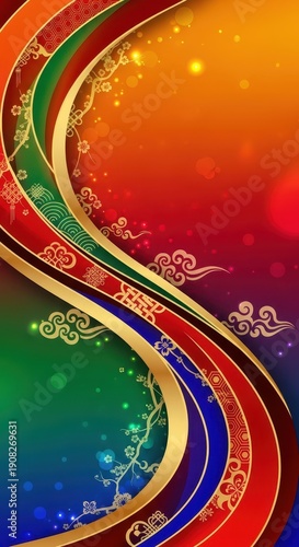 Ornate, flowing ribbons display traditional patterns against a vibrant, multicolored gradient background.