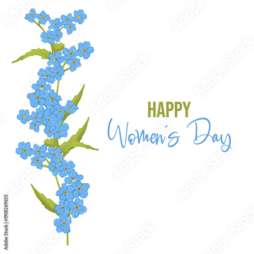 Hand-painted watercolor forget-me-not flowers illustration created for Women’s Day and spring celebration designs. Delicate botanical composition featuring small blue blossoms