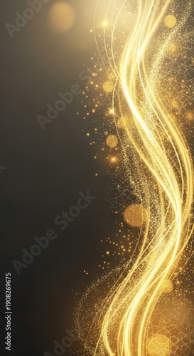 Brilliant golden light trails and sparkling particles flow vertically along the right edge of a dark background.