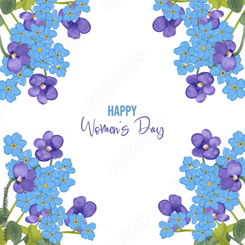 Hand-painted watercolor floral frame and wreath illustration featuring blue forget-me-nots and violet flowers, designed for Women’s Day and spring celebration projects. Elegant botanical compositions