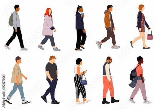 Diverse group of people walking in a minimalist flat illustration style