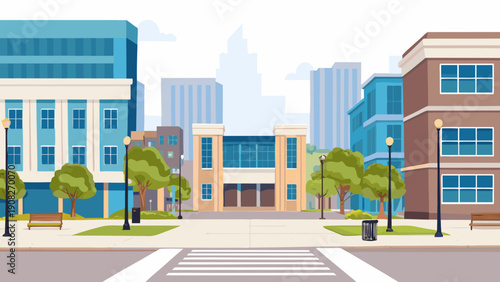 A colorful illustration depicting a city street with modern buildings