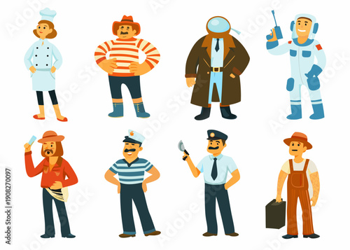 Diverse group of illustrated characters representing various professions