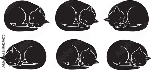 Black and white cat silhouettes in various sleeping positions