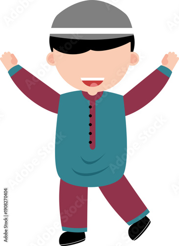 Joyful cartoon young muslim boy wearing traditional clothing and a kufi cap celebrating an exciting moment with raised arms