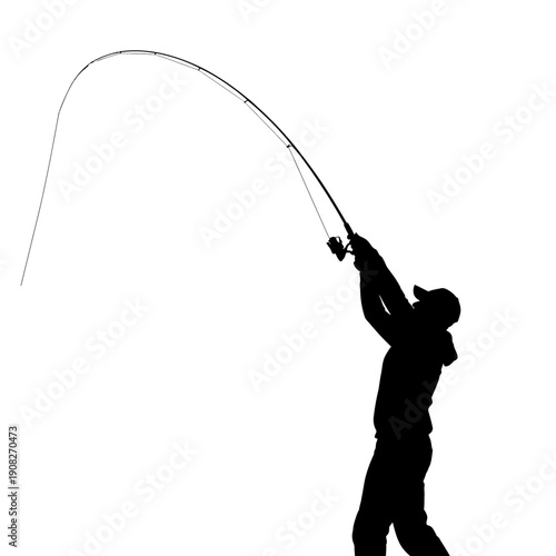Silhouette of a Fisherman Casting a Fishing Rod for Recreation.