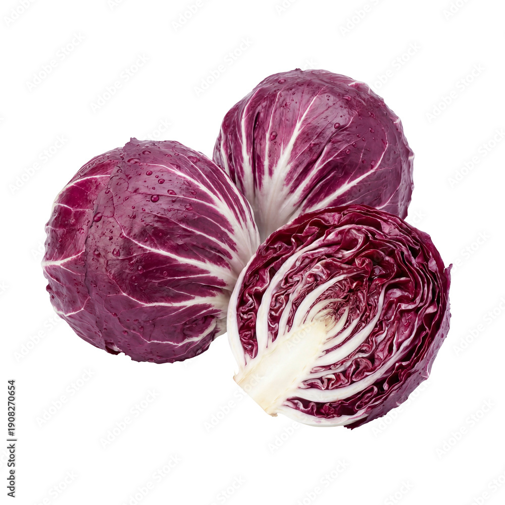 Fototapeta premium Closeup product photography of cut radicchio heads showcasing vibrant purple layers on a white studio backdrop