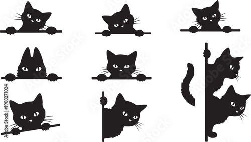 Collection of black cat silhouettes in various playful poses and expressions