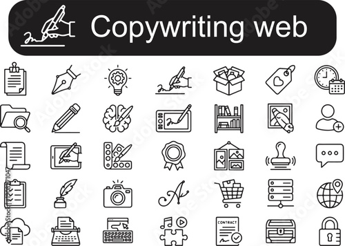 Set of detailed line icons for copywriting and web design on transparent background