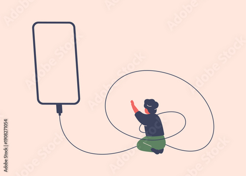 digital addiction. boy tied by phone charging cord reaches for mobile. child needs for an internet detox. overload by information for kids. vector illustration