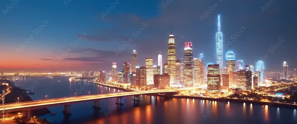 custom made wallpaper toronto digitalAerial cinematic view of a futuristic city skyline at dusk, as city lights twinkle and reflect on the river, with a slow pan capturing the vibrant urban landscape and tranquil water.