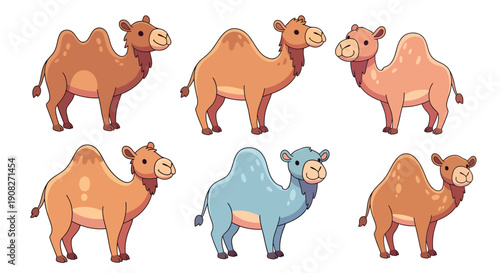 Cute Cartoon Camel Character Set, Dromedary and Bactrian Camels Collection, Desert Animals Vector Illustration Isolated on White Background