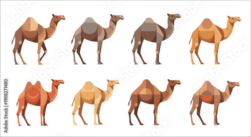 Geometric camel vector set, modern flat style dromedary and bactrian animal illustrations