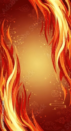 Vibrant red and golden fiery plumes frame a dramatic vertical background with subtle ornamental designs.