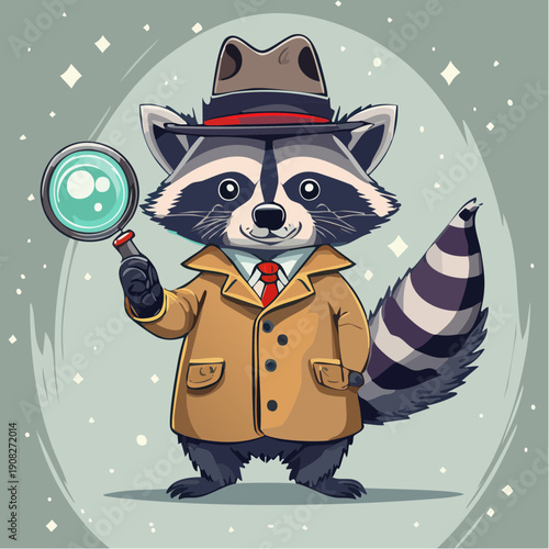 Adorable Raccoon Detective in Fedora and Trench Coat Holds Magnifying Glass, Ready to Unravel Enigmas