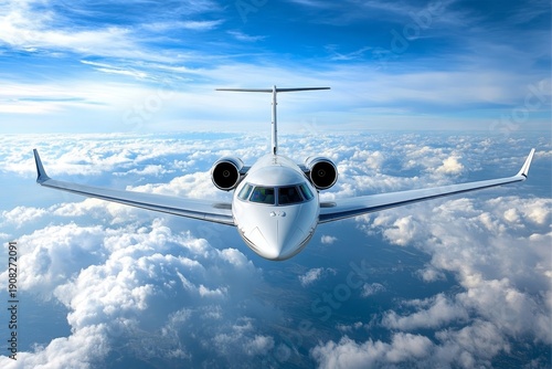 Private jet airplane in flight.