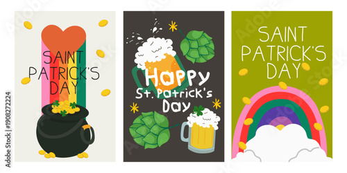 Cartoon bright posters for Saint Patrick's Day. Ireland lucky holiday banner, greeting cards. Mug of beer, pot of golden coins, rainbow, hops, clover. Funny vector greeting backgrounds design