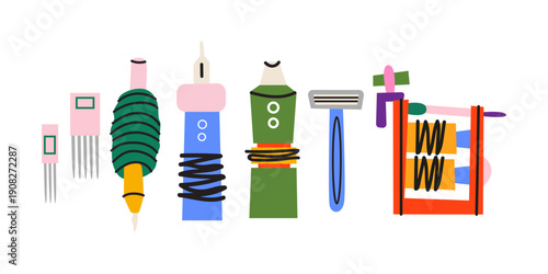 Professional tattoo studio tools and equipment in cartoon style. Tattoo machine, body ink, needles, razor, tattoo machine attachment. Body art concept. Vector illustration
