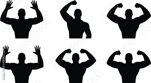 Bodybuilder silhouette set, strong muscular man flexing biceps and arms, fitness gym workout vector icon collection isolated on white background