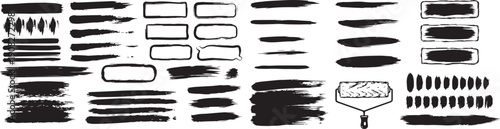 Straight line vector brush strokes set, black hand drawn stripes and smears, rough grunge paint roller lines and sketchy rectangle textbox frames, vector illustration.eps
