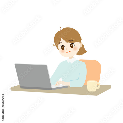 パソコンを操作するビジネス女性のイラスト　オフィスワーク・在宅勤務