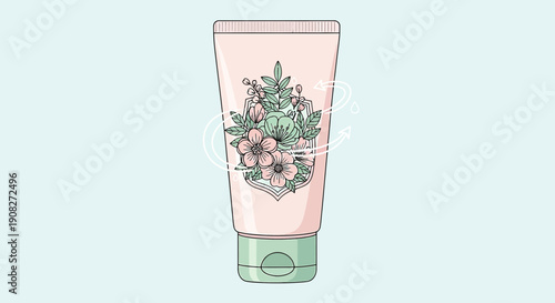 Pink Cream Tube with Floral Illustration and Spinning Arrows - Skincare Product Mockup