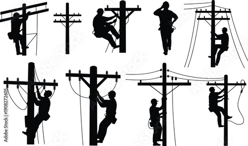 Collection of electrician silhouettes performing various tasks on utility poles lineman worker