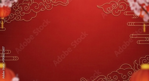 Ornate golden cloud borders frame a vibrant red background accented with hanging illuminated globes and delicate blossoms