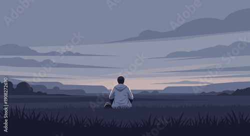 Pixel Art Person Meditating in Serene Landscape at Dusk