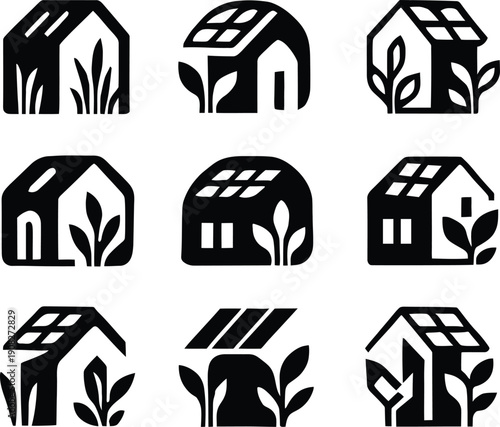 Rooftop garden icon set. Solar Punk Icon set. Solar punk architecture fans, harmonious icon, Vector illustration !