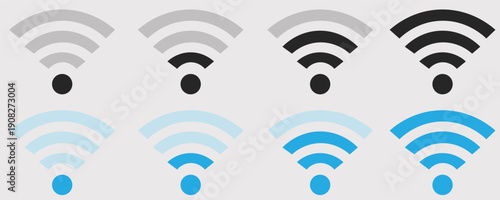 Collection of Wi-Fi signal strength icons, showing different levels of connectivity and color variations for digital communication and network concepts.
